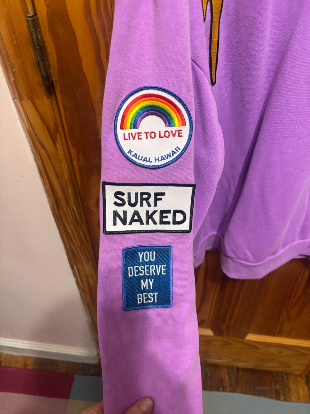 Aviator Nation Lavender Scoop Neck Sweatshirt with Multicolor Patches - Picture 7 of 8